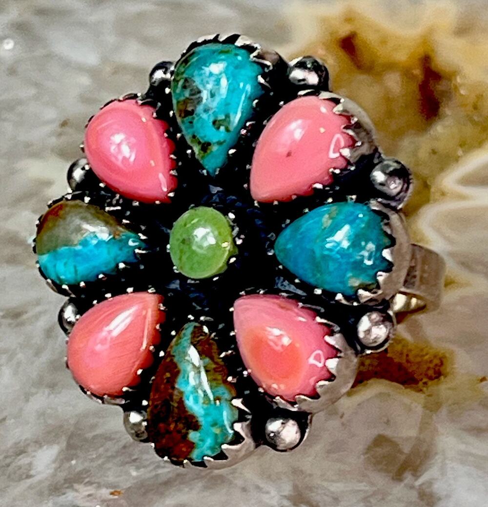 Pink Conch Turquoise 925 Sterling Silver Cluster Statement Ring Adjustable Sz